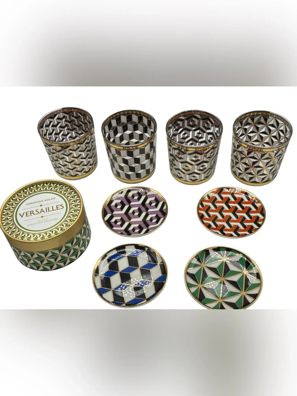 Jonathan Adler Versailles Cocktail Glasses + Porcelain Coasters — Set of 4 Each